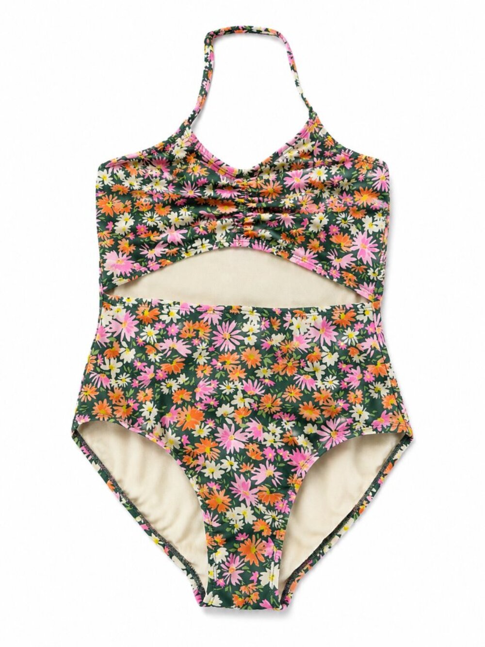Art Class Girls Floral One-Piece Swimsuit Size M (8) Green Pink Cutout Halter